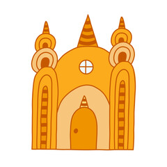 Cute patterned fairy tale castle with towers of kings and queens. Magic medieval castle for kids nursery, children posters, bedroom design. Vector hand drawn doodle of royal kingdom