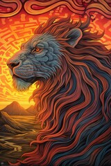 White Lion Red Fur God with Yellow and Red Sunset as Symbol made with Generative AI