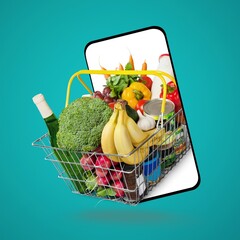 Online shopping app concept, grocery and smartphone