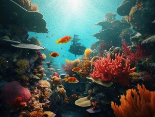 Fototapeta na wymiar A group of fish swimming around a coral reef. Generative AI image.