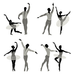 Collection. Silhouette of a ballet actor. The woman and the man have beautiful slender figures. Girl ballerina and boyfriend dancer. Vector illustration set. © Nataliia