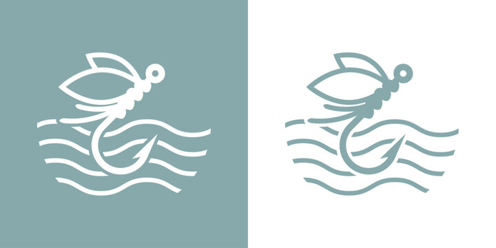 Logo de pesca de agua dulce. Anzuelo de pesca con mosca con olas