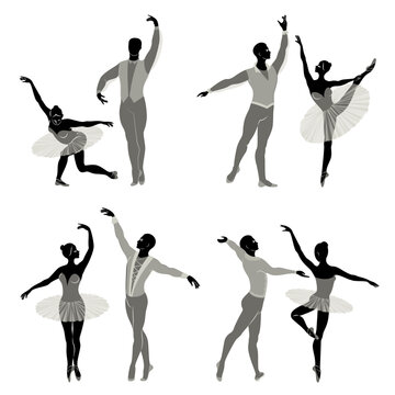 Collection. Silhouette of a ballet actor. The woman and the man have beautiful slender figures. Girl ballerina and boyfriend dancer. Vector illustration set.