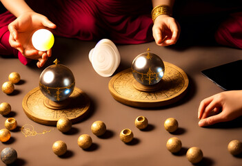 Fortune telling casts spell, witchcraft with Magic crystal ball in Ceremony. Astrology, Horoscope and alchemy, Maya magic, superstition, predictions, mysterious mystical. Generative AI, illustration