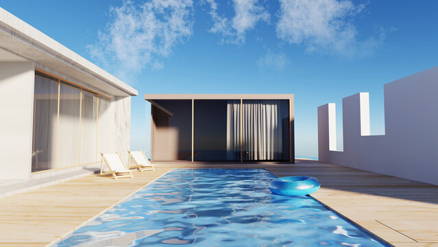3D render modern and luxury building architecture design concept, summer villa house residence and private with swimming pool and sea view, private zone, hotel or resort with space for sunbathing.