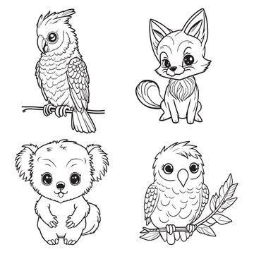 Set of cute animal drawings cartoon coloring book style