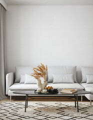 Home mockup, Scandinavian living room interior with grey sofa, table and decor, 3d render