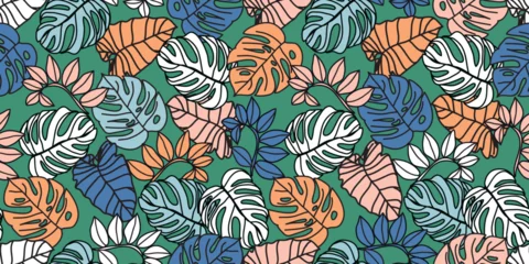 Fotobehang Summer seamless pattern with tropical leaves. Vector illustration for card, banner, invitation, social media post, poster, mobile apps, advertising.  © Pompon Studio
