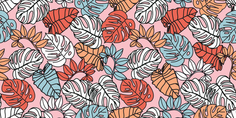 Summer seamless pattern with tropical leaves. Vector illustration for card, banner, invitation, social media post, poster, mobile apps, advertising.
