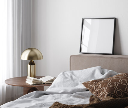 Mock-up poster frame close up in bedroom, Scandinavian style, 3d render