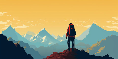 Hiker looking out over vast vivid mountain landscape. Generative AI illustration