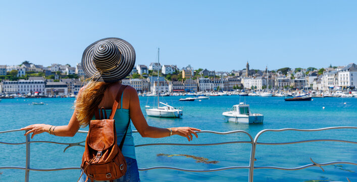 Woman tourist in Crozon peninsula,  Audierne,  Brittany in France