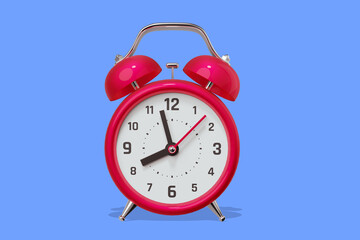 3d illustration of red retro alarm clock with arrow on blue color background. 3d style design