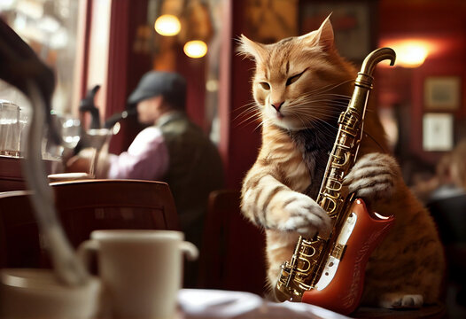 Cheerful illustration, a cat saxophonist, plays the saxophone in a restaurant. AI generated.