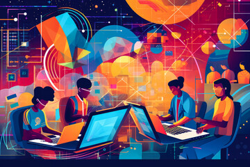 Abstract vector illustration representing the workflow and benefits of edtech or e learning. Remote learning and online education concept artwork. - obrazy, fototapety, plakaty