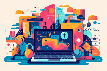 Abstract vector illustration representing the workflow and benefits of edtech or e learning. Remote learning and online education concept artwork. - obrazy, fototapety, plakaty