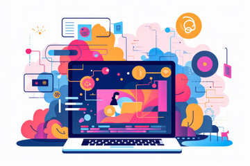 Abstract vector illustration representing the workflow and benefits of edtech or e learning. Remote learning and online education concept artwork.