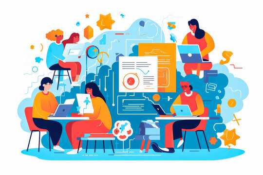 Abstract vector illustration representing the workflow and benefits of edtech or e learning. Remote learning and online education concept artwork.