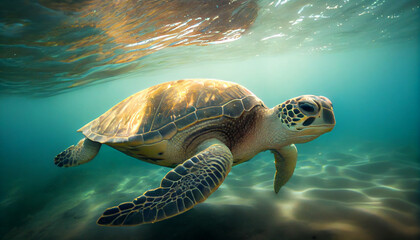 An endangered Hawaiian Green Sea Turtle cruises in the sea Ai generated image 