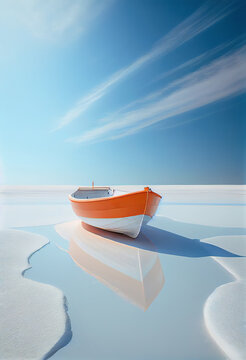 White boat and white sand as a visualization concept of calmness and relaxation made with generative AI