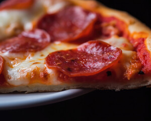 Closeup of a slice of cheesy pepperoni pizza. 