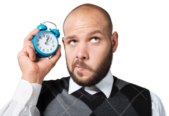 Creative funny pensive businessman with alarm clock with concept strategy