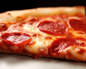 Closeup of a slice of cheesy pepperoni pizza. 