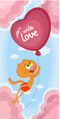 cat flies on a heart balloon with love vector illustration
