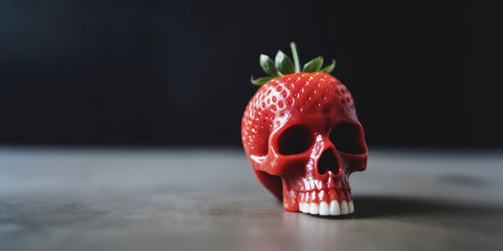 Human skull of strawberries isolated on black background with copy space. Strawberry skull, creative art object for a Halloween party. Generative AI photo imitation.