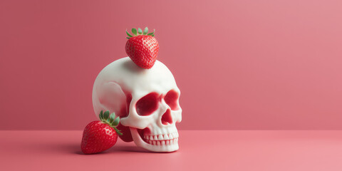 Human skull of strawberries isolated on pink background with copy space for text. Strawberry skull, creative art object for a Halloween party. Generative AI professional photo imitation.