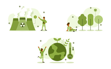 sustainability illustration set. characters choose nuclear reactors to produce electricity to reduce air pollution and greenhouse gases and restore nature. renewable energy concept vector.