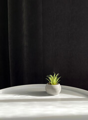 An artificial succulent vase in a concrete pot on a white table on a gray fabric background