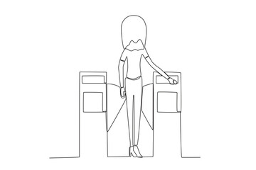 A woman checks in while boarding the train. Train station activities one-line drawing