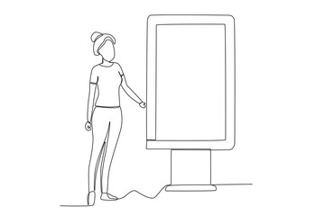 A woman buys tickets at the train station. Train station activities one-line drawing