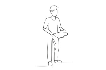 A man holding a book at the train station. Train station activities one-line drawing