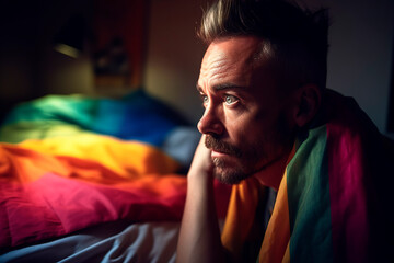 Close-up of a sad and worried boy with a gay flag over his shoulders and over his bed. Sadness and concern about the attacks against the lgbtiq+ homosexual community