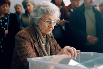 Elderly woman voting in the general election, depositing her ballot inside the ballot box. Participation of the elderly in the elections - obrazy, fototapety, plakaty