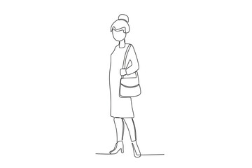 Fototapeta premium A beautiful woman standing at the train station. Train station activities one-line drawing