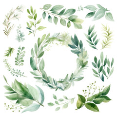 Obraz na płótnie Canvas Watercolor different set of greenery wreath of botanical foliage and branches. Clipart for wedding or invitation isolated on white background. Generative AI.