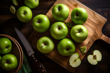 Granny Smith Apples On Wooden Board From Vertical Perspective