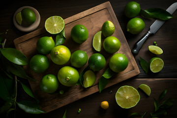 Limes On Wooden Board From Vertical Perspective
