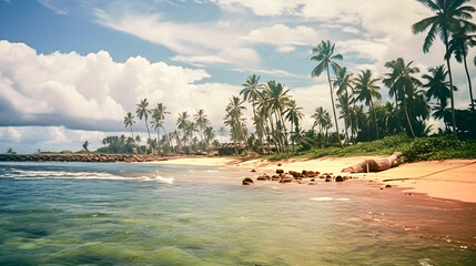 Naklejka premium Paradise landscape of a tropical desert island with white sand, crystal clear turquoise water and palm trees. Travel, vacation and summer concept. Generative ai.