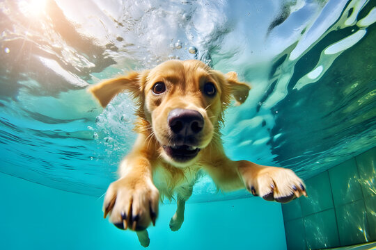 Labrador retriever is diving in the pool, underwater photo. Generative AI