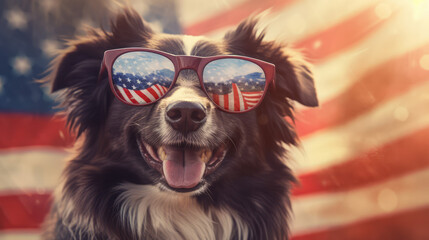 American flag day, dog wearing sunglasses, background american flag, generative ai