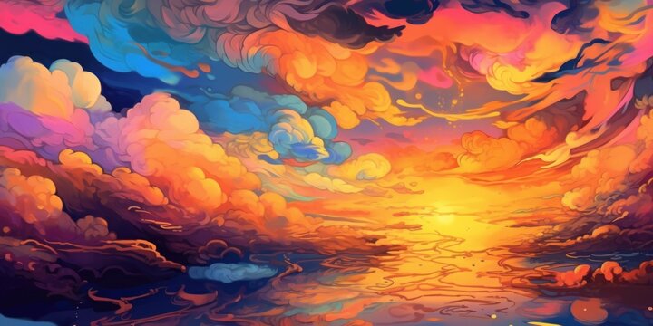 A painting of a sunset over a body of water. Generative AI image.