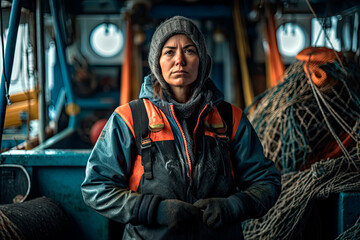 experienced female fishing boat captain, woman in profession, Generative AI