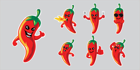 Chili mascot character sticker set, red hot chili peppers - obrazy, fototapety, plakaty