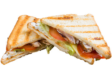 Grilled sandwich with vegetables and chicken in a triangular shape - 608371336
