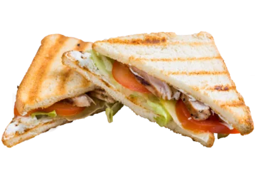Foto auf Acrylglas Snack Grilled sandwich with vegetables and chicken in a triangular shape