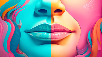 Colorful Lips closeup, blue and yellow pink. Generative Ai Illustration.